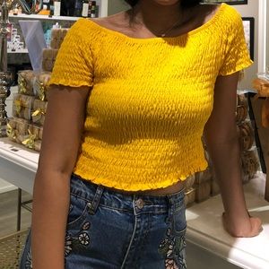 Mustard yellow off the shoulder smocked crop top